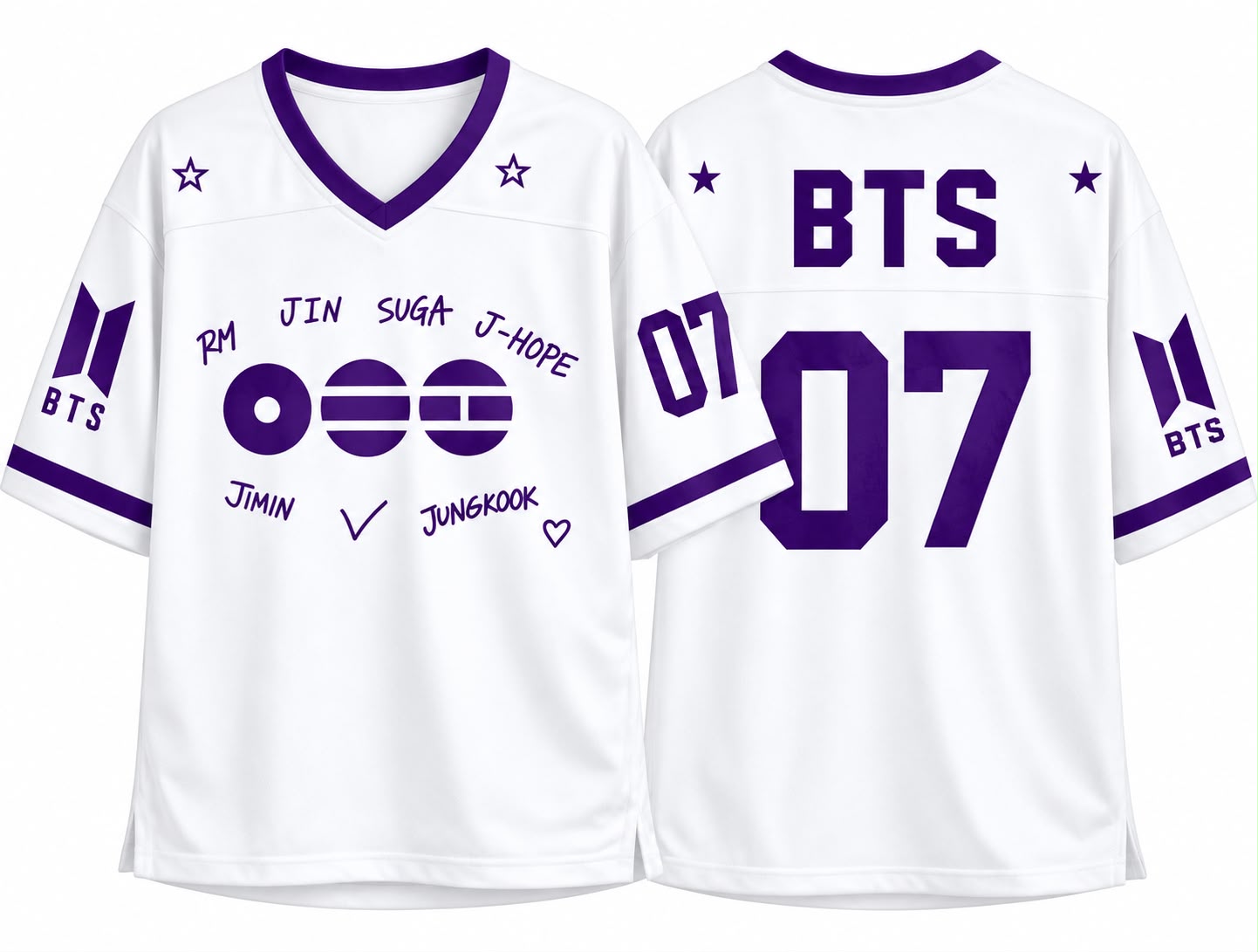 Diseño de camiseta BTS blanca y morada, vista frontal y posterior, para próxima confección de Leaf